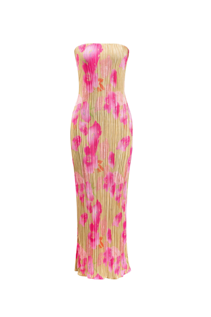 FLORA STRAPLEZ PİLELİ UZUN ELBİSE