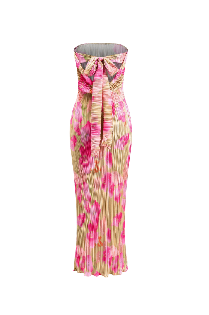 FLORA STRAPLEZ PİLELİ UZUN ELBİSE