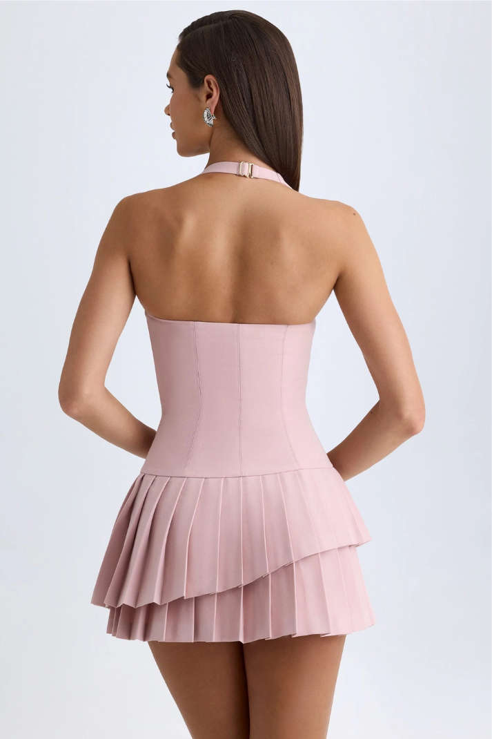 BERRY PİLELİ PEMBE MİNİ ELBİSE