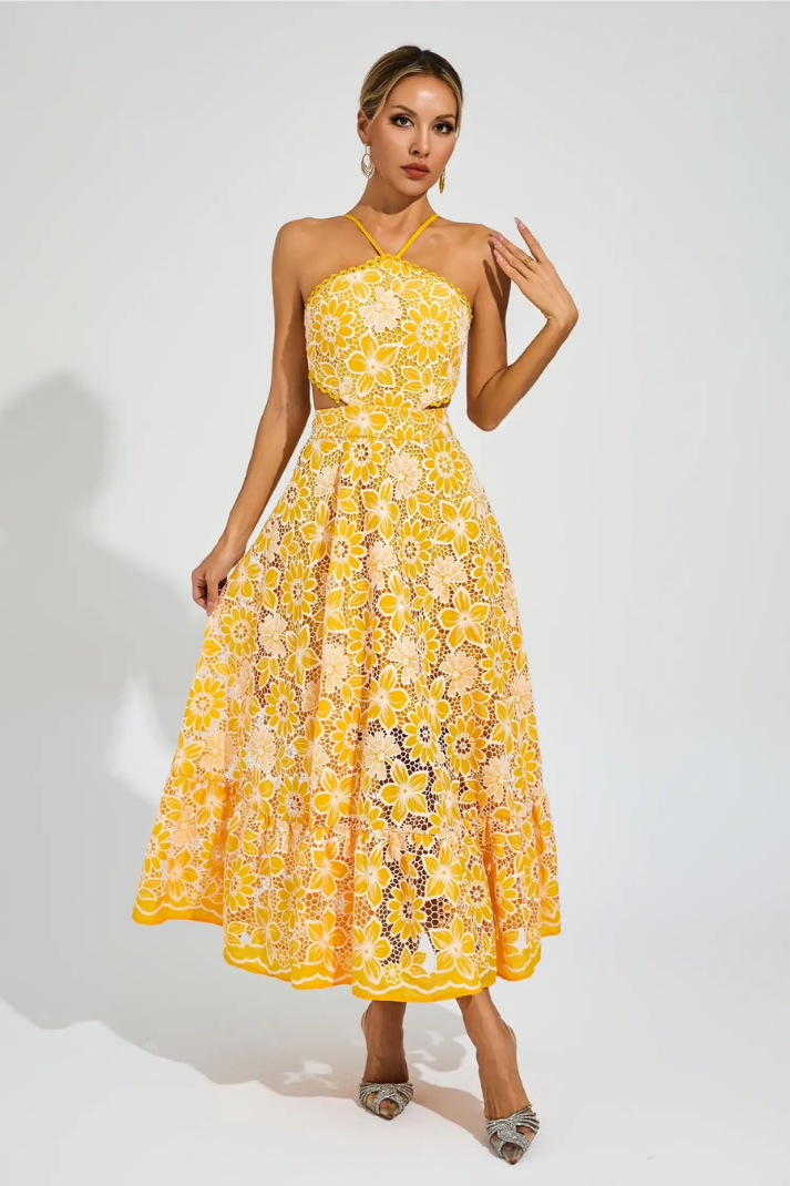 JOYCE SARI CUT-OUT UZUN ELBİSE