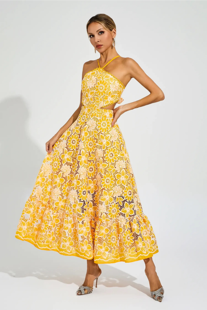 JOYCE SARI CUT-OUT UZUN ELBİSE