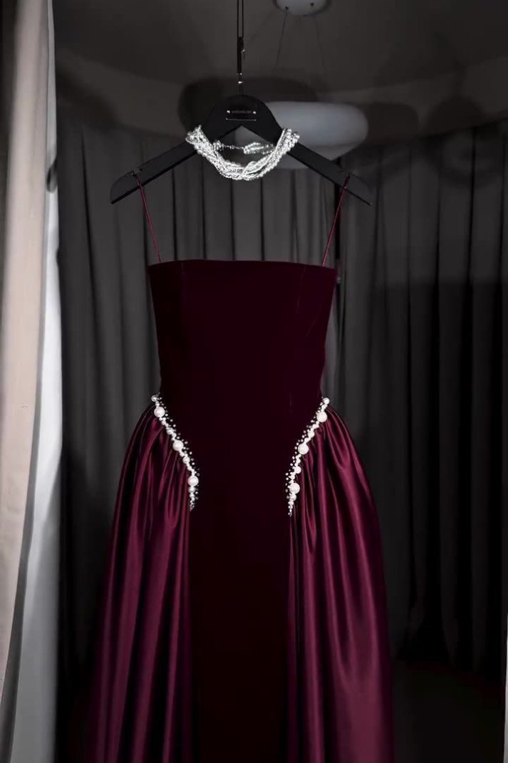 REGİNA BORDO KADİFE İNCİLİ UZUN ELBİSE
