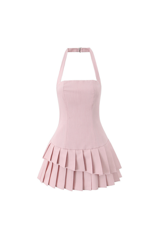 BERRY PİLELİ PEMBE MİNİ ELBİSE