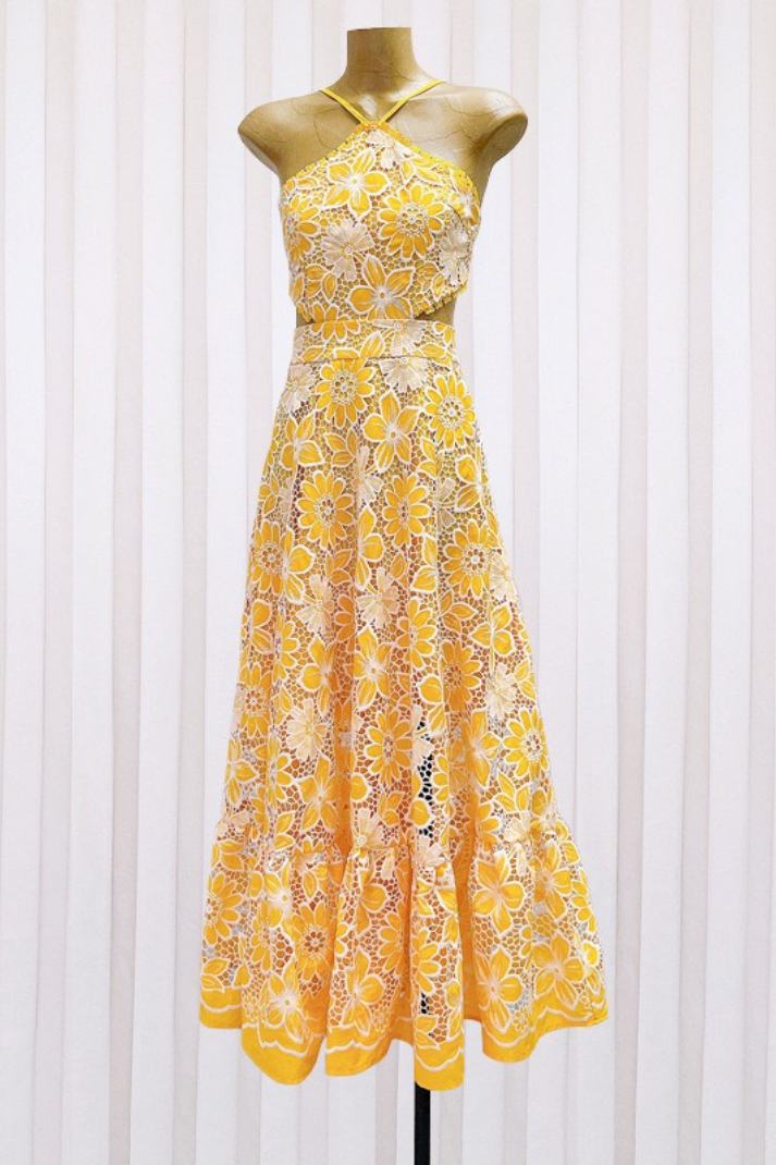 JOYCE SARI CUT-OUT UZUN ELBİSE